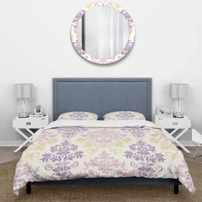 Design Art Damask Blush Pink Yellow Beauty Ii - Country Duvet Cover Set In Yellow;purple