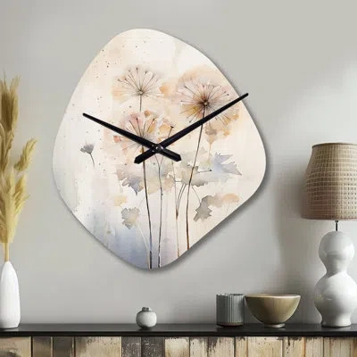 Design Art Dandelion Charm In Winter Iv - Dandelion Asymmetrical Metal Wall Clock, Beige Unique Shape Metal Clo