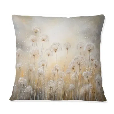 Design Art Dandelion Field Breeze - Flower Field Printed Throw Pillow In White;beige