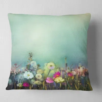 Design Art Dandelion Poppy And Daisy Flowers - Floral Printed Throw Pillow In Blue