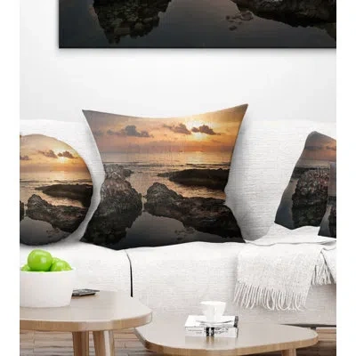 Design Art Dark Africa Beach With Ancient Ruins - Sea & Shore Printed Throw Pillow In Brown;orange