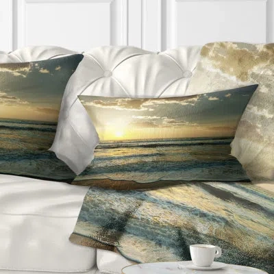 Design Art Dark Beach And Waves At Sunset - Sea & Shore Printed Throw Pillow