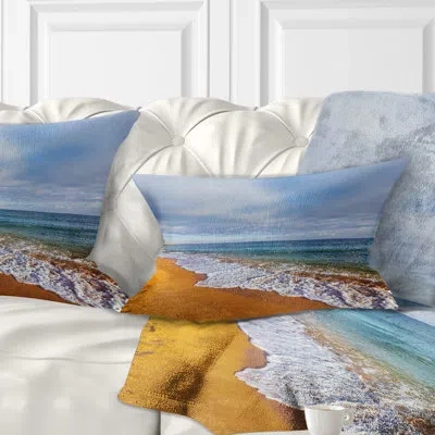 Design Art Dark Beach Under Cloudy Skies - Sea & Shore Printed Throw Pillow In Blue