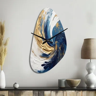 Design Art Dark Blue And Gold Spiral Iv - Abstract Spirals Asymmetrical Metal Wall Clock, Modern Unique Shape W