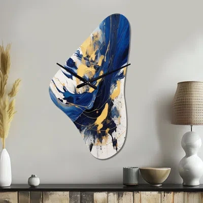 Design Art Dark Blue And Gold Strokes V - Fractals Asymmetrical Metal Wall Clock, Blue Unique Shape Metal Clock In Blue;gold