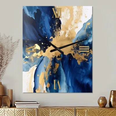 Design Art Dark Blue And Gold Strokes Viii - Abstract  Metal Wall Clock In Blue;gold