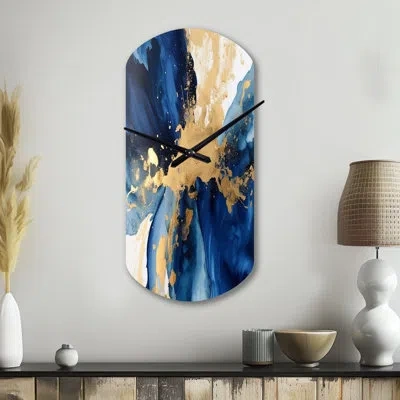 Design Art Dark Blue And Gold Strokes Viii - Fractals Asymmetrical Metal Clocks, Blue Cylinder Metal Wall Clock In Blue;gold