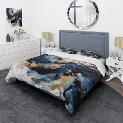 Design Art Dark Blue And Gold Strokes Xii Beddingmicrofiber / Polyester Duvet Cover Set In Blue;gold
