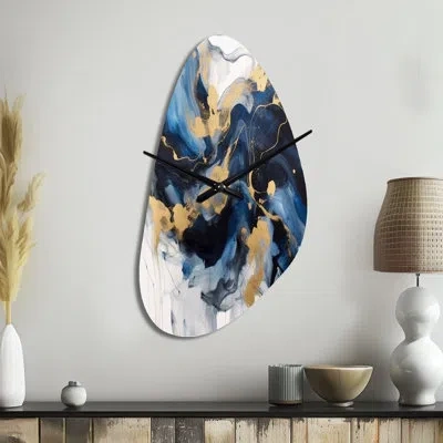 Design Art Dark Blue And Gold Strokes Xii - Fractals Irregular Shape Metal Wall Clock, Modern Asymmetrical Wall