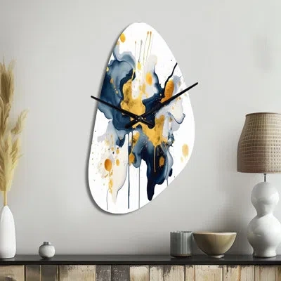 Design Art Dark Blue And Gold Strokes Xxii - Fractals Asymmetrical Metal Wall Clock, Modern Unique Shape Wall C