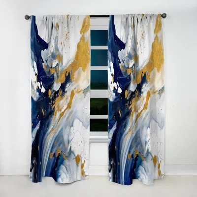 Design Art Dark Blue And Gold Strokes Xxiii - Fractals Curtain - Velvet Room Darkening - 1 Panel In Blue;gold