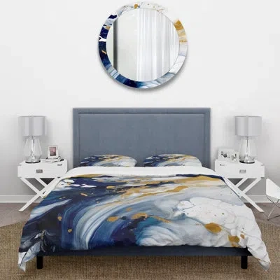 Design Art Dark Blue And Gold Strokes Xxiii - Fractals Duvet Cover Set In Blue;gold