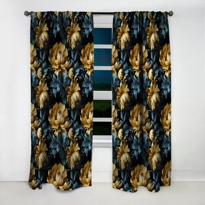 Design Art Dark Blue And Golden Gilded Damask Glamour - Damask Curtain - Blackout Curtain - 1 Panels