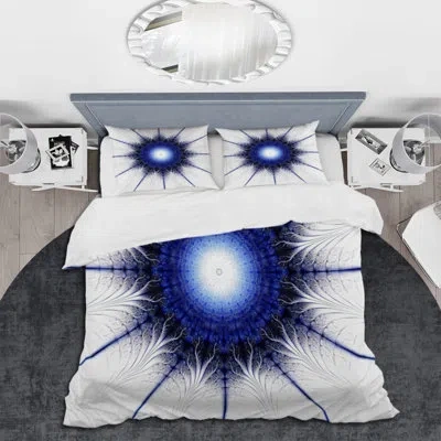 Design Art Dark Blue Fractal Flower - Modern Duvet Cover Set - Microfiber Polyester In Blue,black