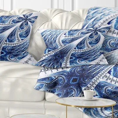 Design Art Dark Blue Fractal Flower Pattern Digital - Floral Printed Throw Pillow