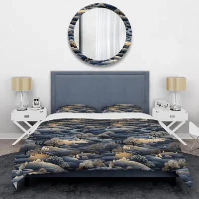Design Art Dark Blue Scandinavian Mountain Ii Blue/peach Microfiber Duvet Cover Set In Blue;peach