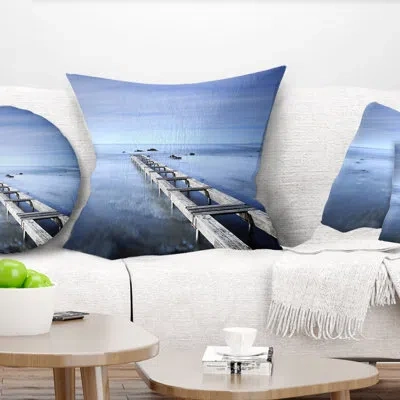Design Art Dark Blue Sky And Large Pier - Sea & Shore Printed Pillow