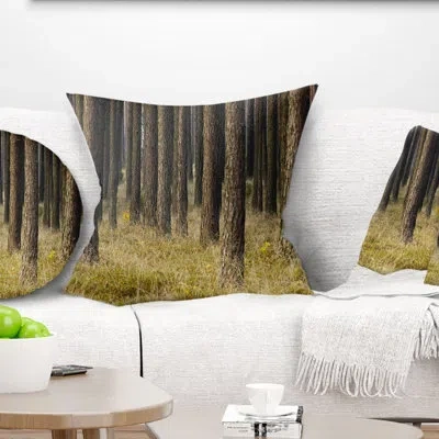 Design Art Dark Fall Forest With Green Grass - Forest Printed Throw Pillow