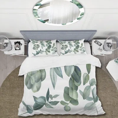 Design Art Dark Green Eucalyptus Leaves - Traditional Duvet Cover Set - Microfiber Polyester In Green,white