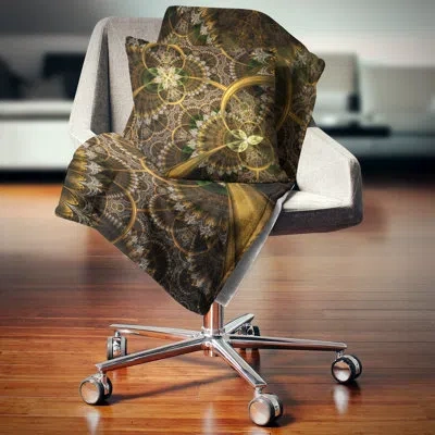 Design Art Dark Green Gold Digital Art Fractal Flower - Floral Printed Throw Pillow