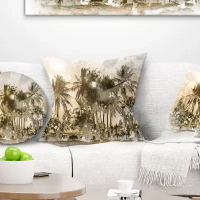 Design Art Dark Palms At Sunset - Landscape Printed Pillow In Blue;black;brown;green;red;yellow