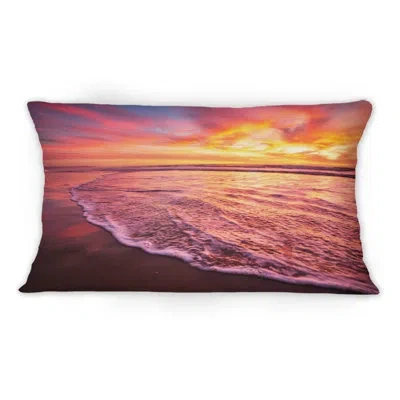 Design Art Dark Pink And Yellow Sunset Above Ocean Shore - Nautical & Coastal Printed Throw Pillow 1