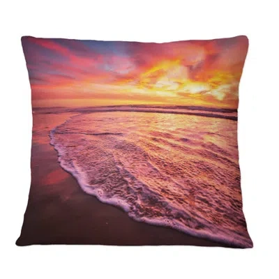 Design Art Dark Pink And Yellow Sunset Above Ocean Shore - Nautical & Coastal Printed Throw Pillow In Brown;orange