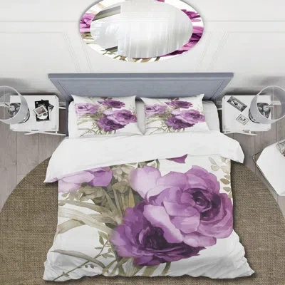 Design Art Dark Pink Roses - Traditional Duvet Cover Set - Microfiber Polyester In Purple