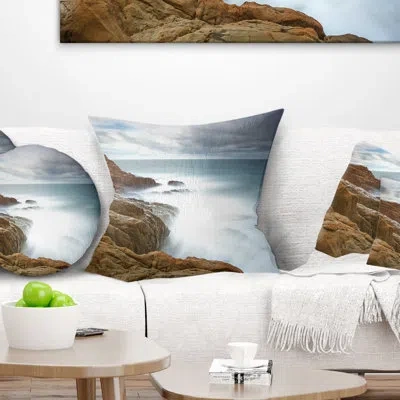 Design Art Dark Red Rocks And Foam Waves - Sea & Shore Printed Pillow