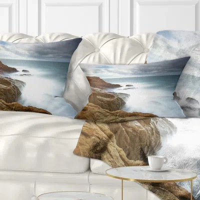 Design Art Dark Red Rocks And Foam Waves - Sea & Shore Printed Throw Pillow