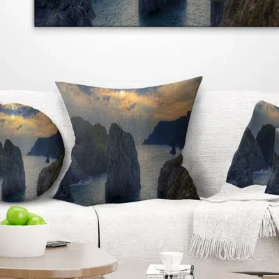 Design Art Dark Rocky Panorama Coastline - Sea & Shore Printed Throw Pillow In Blue;black;brown;green;red;yellow