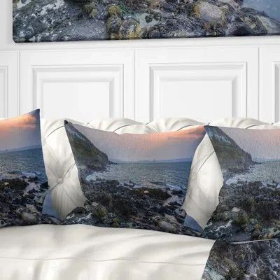 Design Art Dark Rocky Seashore Sunrise - Sea & Shore Printed Pillow In Blue;black;brown;green;red;yellow