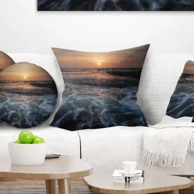 Design Art Dark Seashore With Rushing Waves - Sea & Shore Printed Pillow In Blue;orange