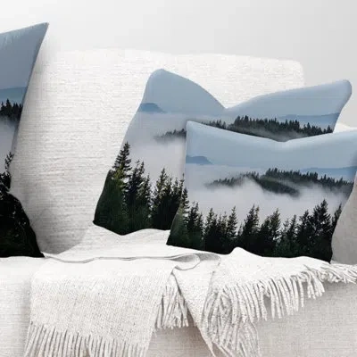 Design Art Dark Trees And Fog Over Mountains - Landscape Printed Throw Pillow
