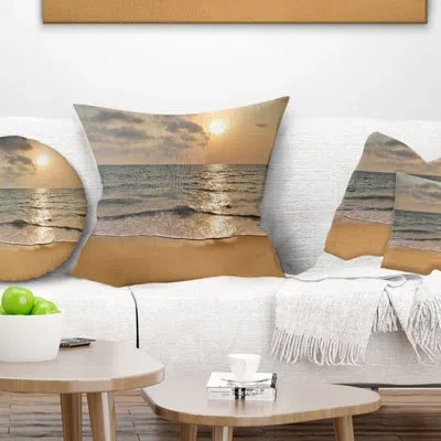 Design Art Dark Tropical Sand Beach At Sunset - Sea & Shore Printed Pillow In Blue;black;brown;green;red;yellow