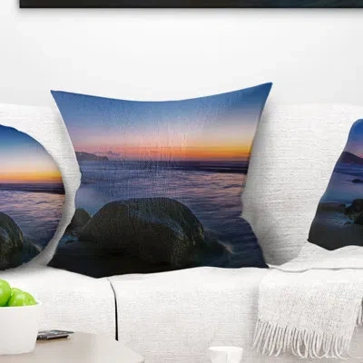 Design Art Dark Tropical Seashore In Evening - Sea & Shore Printed Pillow In Blue;orange