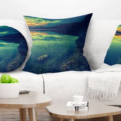 Design Art Dark Vintage Lake At Sunset - Boats Printed Pillow In Blue;black;brown;green;red;yellow