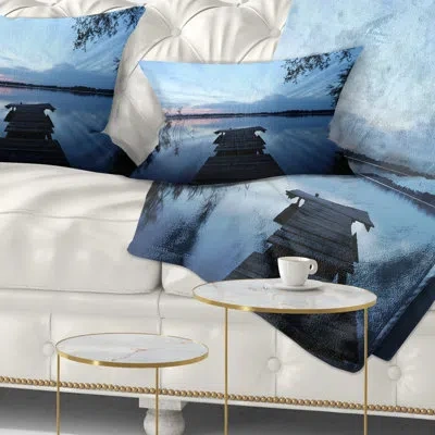 Design Art Dark Wooden Pier In Lake - Sea & Shore Printed Throw Pillow