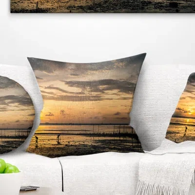 Design Art Dawn At Seaside During Low Tide - Sea & Shore Printed Pillow In Gray