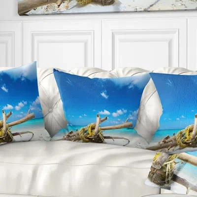 Design Art Deadwood On White Sand Beach - Sea & Shore Printed Pillow In Blue;white