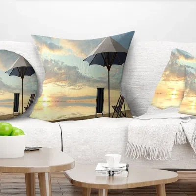 Design Art Deck Chairs And Umbrella On Beach - Sea & Shore Printed Pillow In Blue;black;brown;green;red;yellow