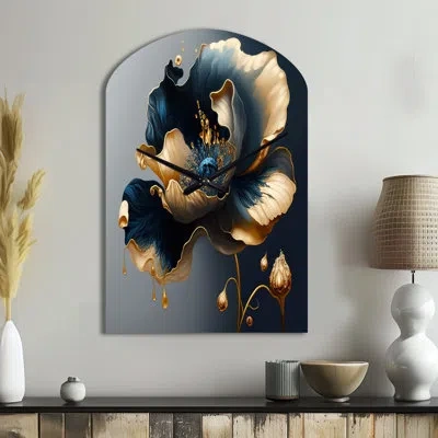 Design Art Deep Blue And Gold Single Flower Ii - Floral Asymmetrical Metal Wall Clock, Blue Arch Wall Clock Pri In Blue;gold