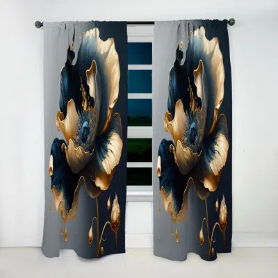 Design Art Deep Blue And Gold Single Flower Ii - Floral Blackout Curtain - 1 Panel In Blue;gold