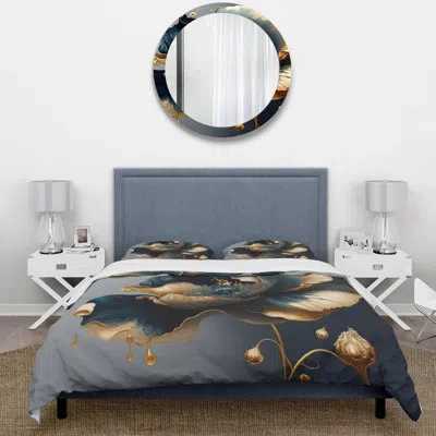 Design Art Deep Blue And Gold Single Flower Ii Microfiber / Polyester Duvet Cover Setmicrofiber / Polyester Duv In Blue;gold