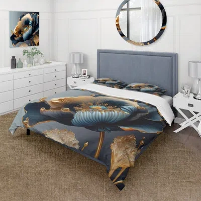 Design Art Deep Blue And Gold Single Flower Iii Beddingmicrofiber / Polyester Duvet Cover Set In Blue;gold