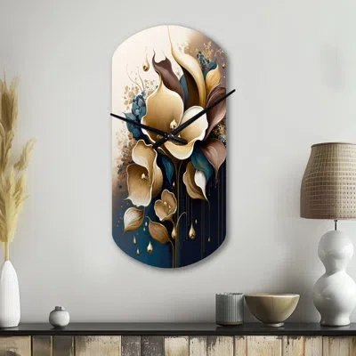 Design Art Deep Blue Calla Lily Bouquet Vi - Calla Lily Asymmetrical Metal Clock, Traditional Cylinder Wall Clo In Blue;gold