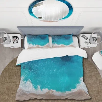 Design Art Deep Blue Waves At The Beach Arial View - Nautical & Coastal Duvet Cover Set - Microfiber Polyester In Blue;white