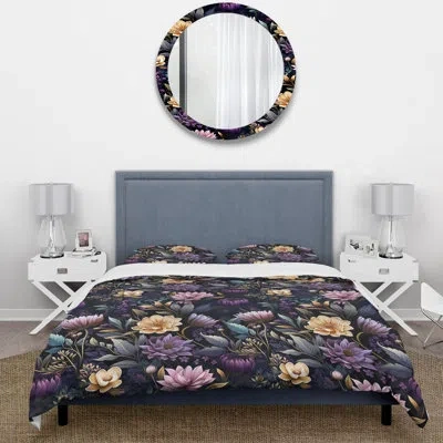 Design Art Deep Emerald Purple Lotus Enchante Ii - Floral Duvet Cover Set - Microfiber Polyester In Multicolor