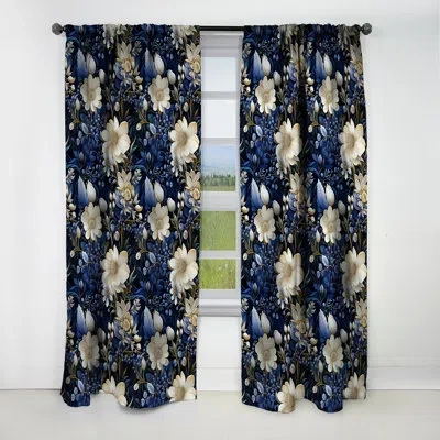 Design Art Deep Indigo Moonlit Flowers - Floral Curtain - Blackout Floral Curtain - 1 Panels In Blue