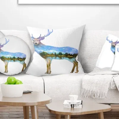 Design Art Deer Double Exposure - Animal Printed Pillow In Blue